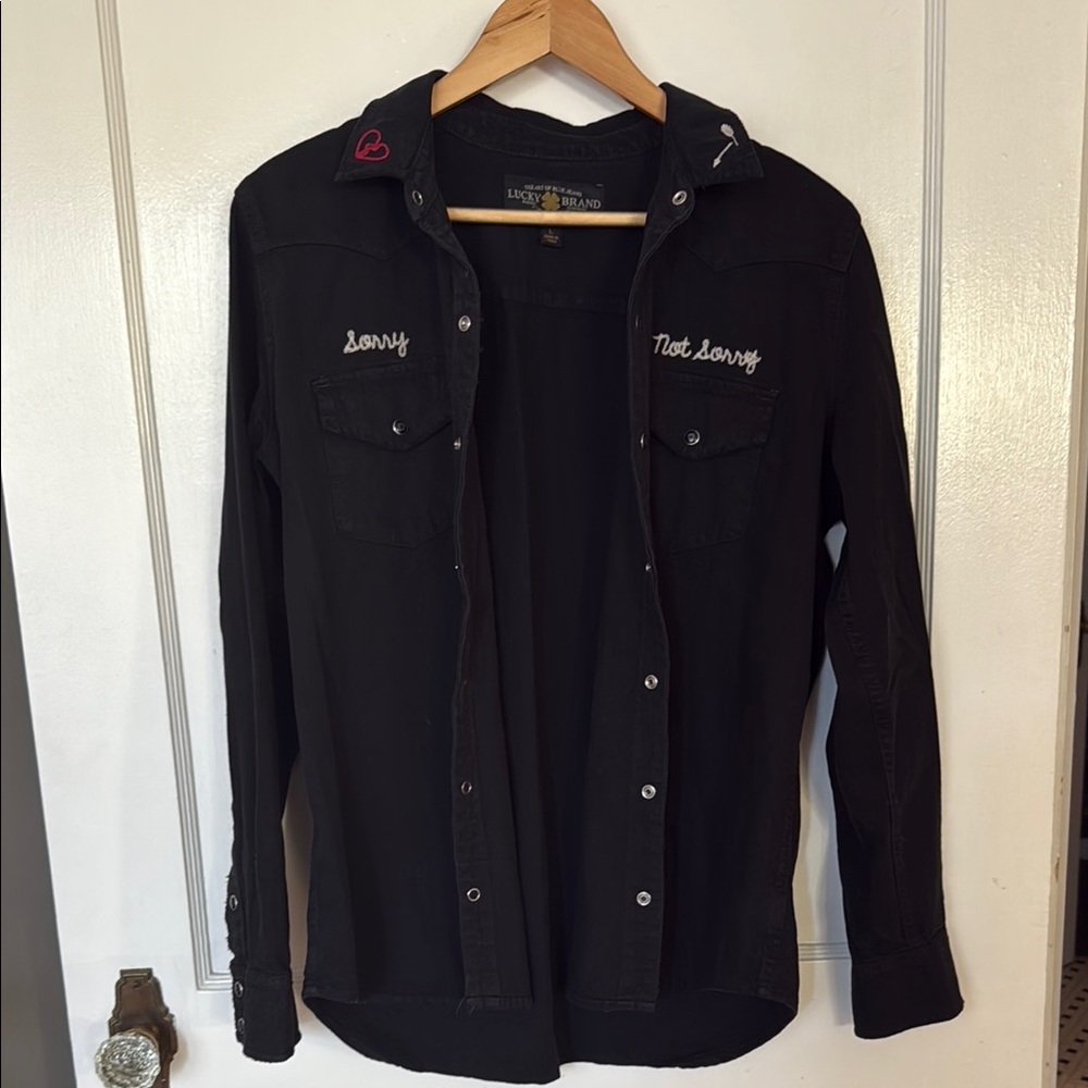 Lucky Brand Black Button-Up Shirt with Embroidered Details